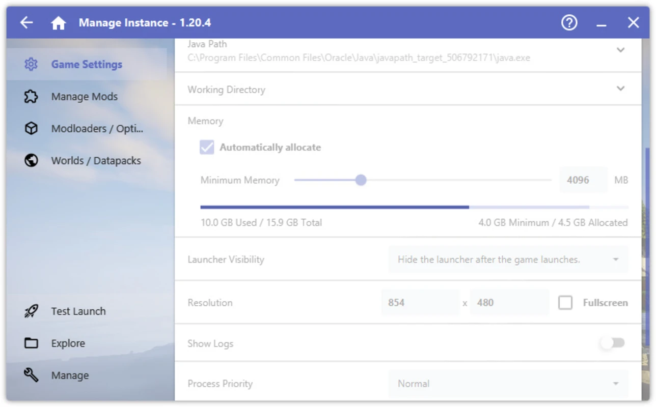 HMCL launch panel with memory and performance controls