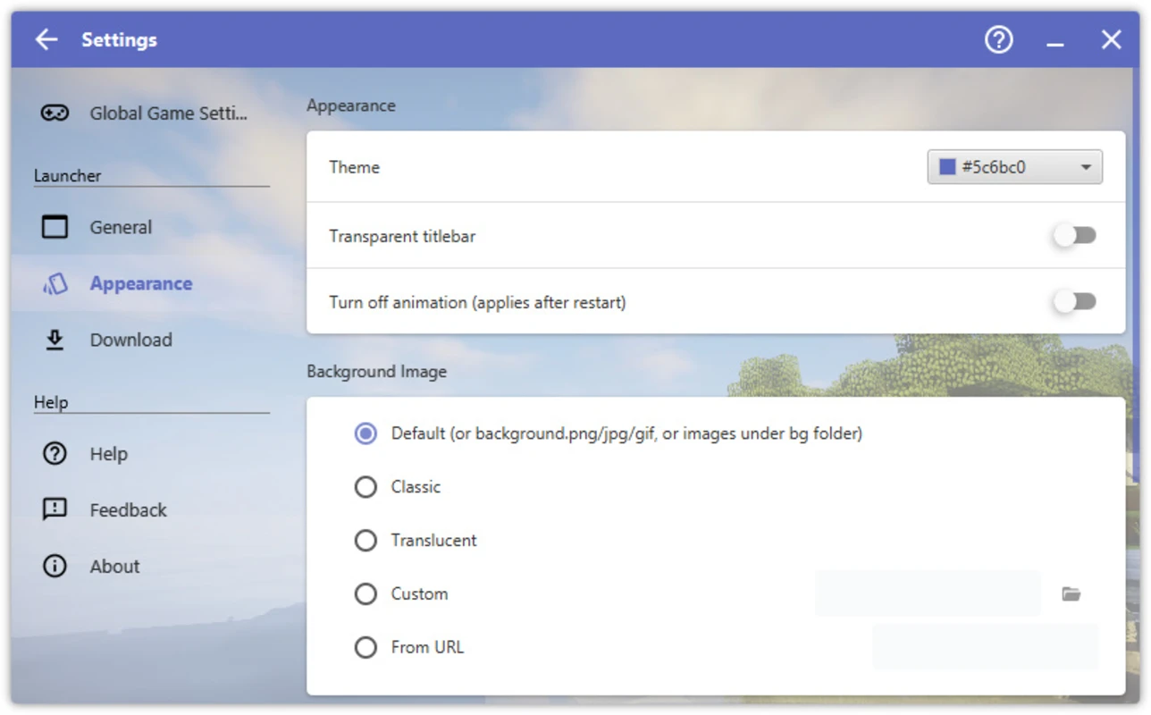 HMCL main window chrome with the primary navigation column